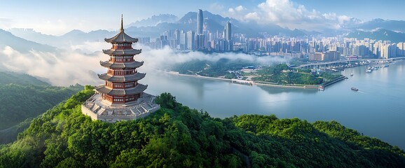 Panoramic View of a Pagoda on a Hill overlooking a City and River