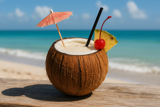 Chilled Cocoloco Cocktail Enjoyed by the Ocean Breeze