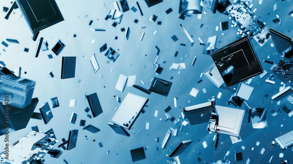 Poster abstract floating blue cubes in digital space. digital art for design and print. digital artwork of 