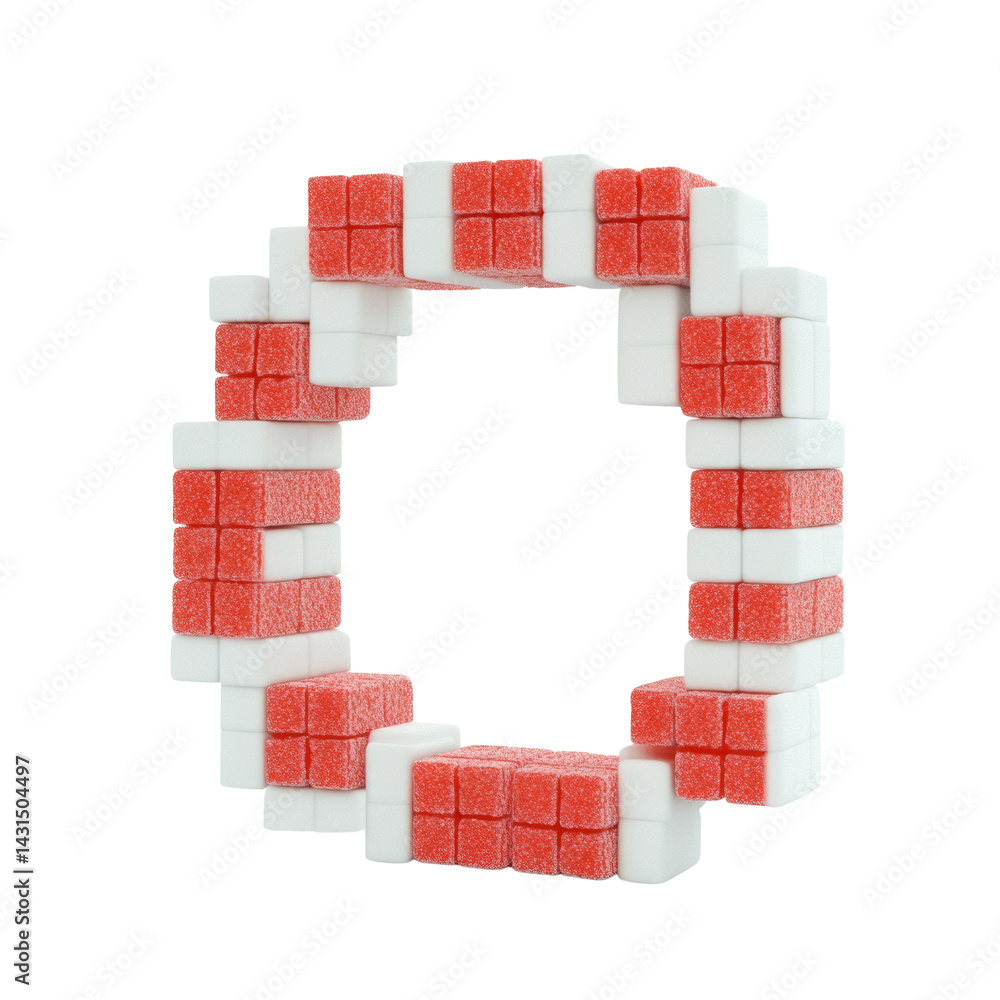 Poster digitally constructed circular form with red and white textured cubes arrangement