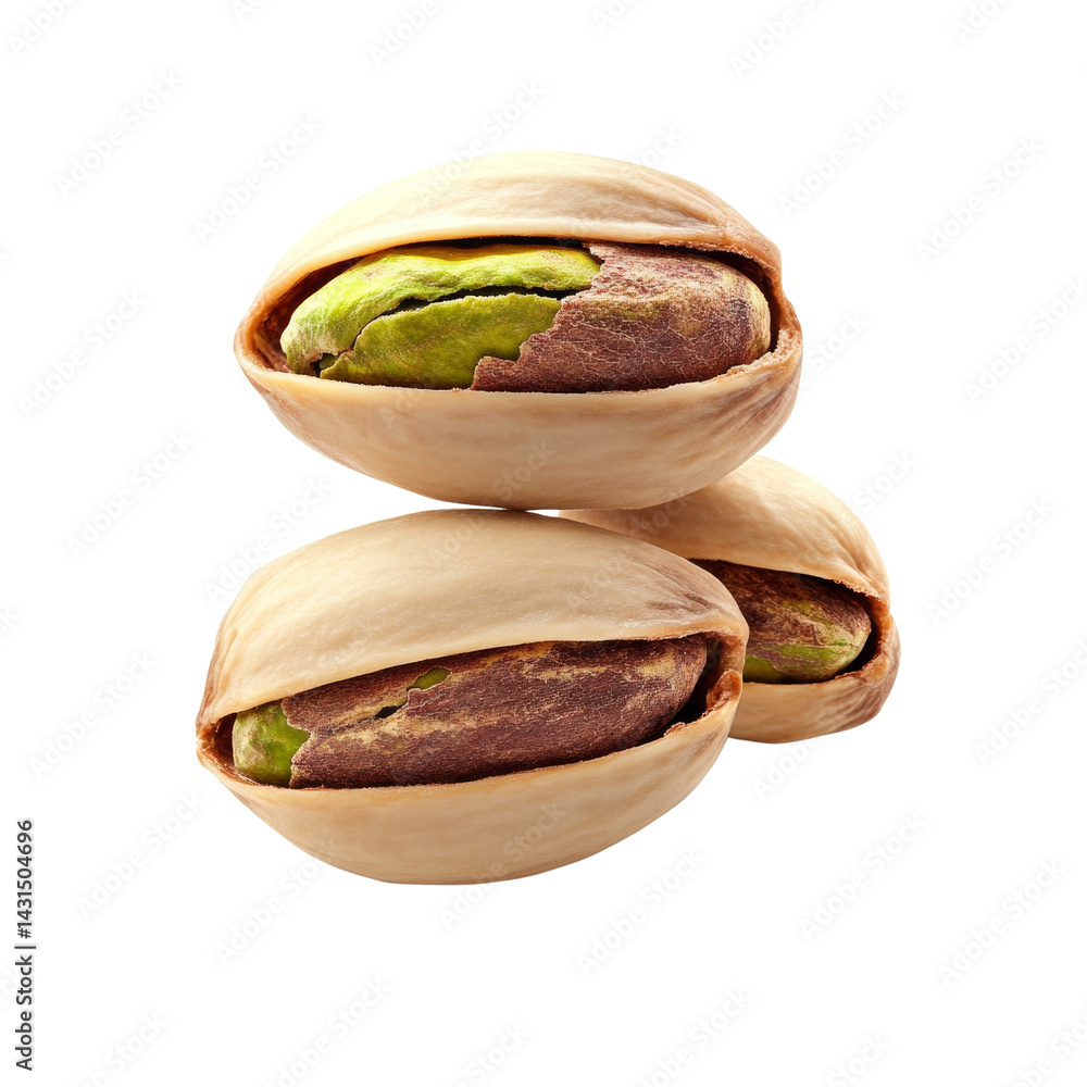 Poster delicate trio of pistachios isolated on transparency showcasing shell details and kernel texture