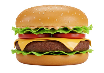 A juicy burger stack sesame bun patty cheese tomato lettuce sauce on black