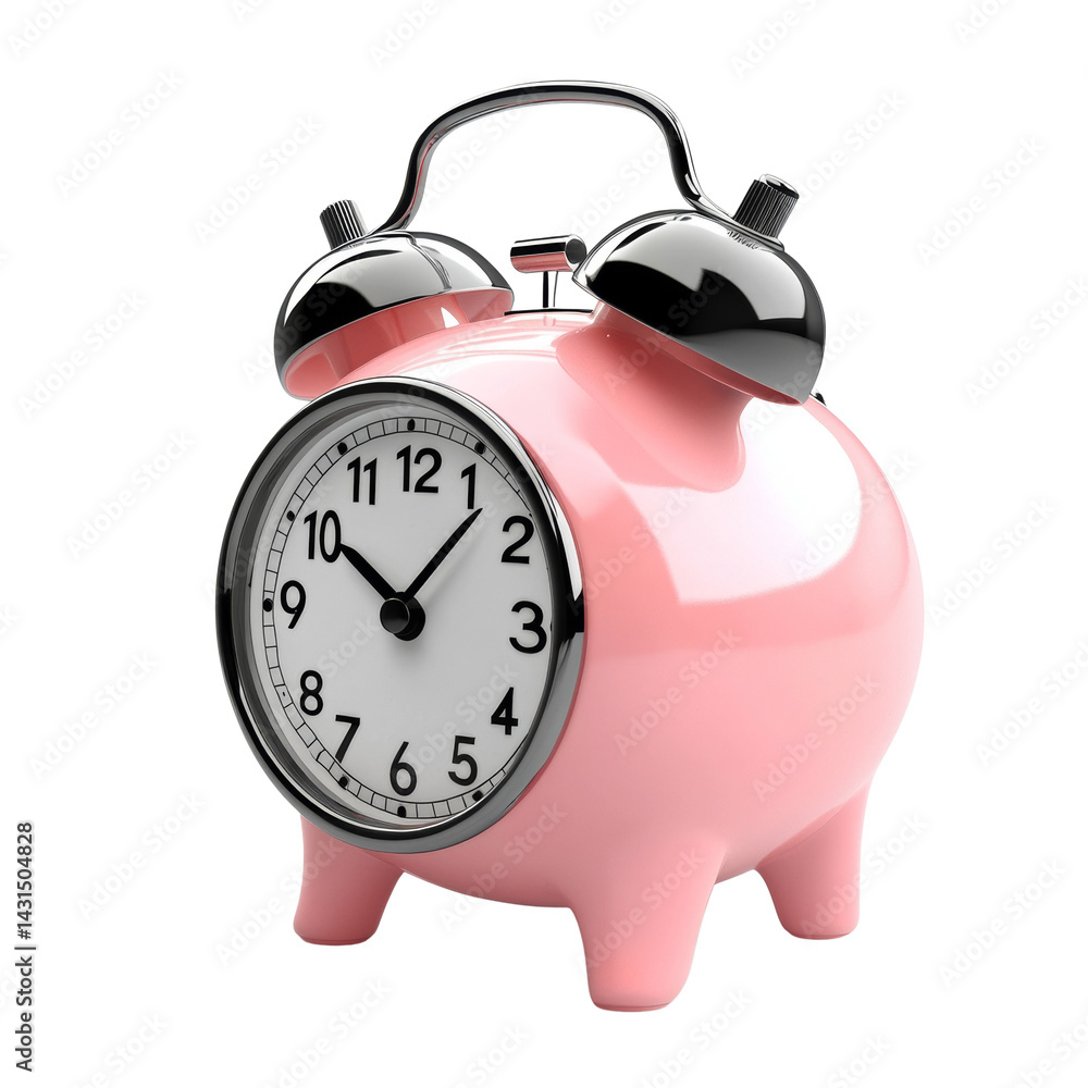 Poster whimsical timepiece: conceptual piggy bank alarm clock symbolizing saving time on a transparent back