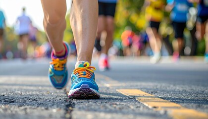 Close-up of a woman's colorful running shoes captured mid-race, showcasing energy, motion, and athletic style. The dynamic moment highlights the vibrant footwear and the determination of the runner.