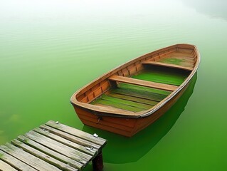 A small wooden boat rests on a tranquil green lake