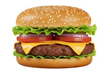 A juicy hamburger stacked high with fresh ingredients on a black background