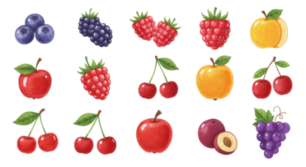 Assorted fruits in an artistic illustration of plums, grapes, cherries, apples and berries