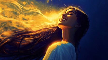 Joyful moment of a woman embracing freedom dreamlike atmosphere digital art serene environment upward view empowerment concept