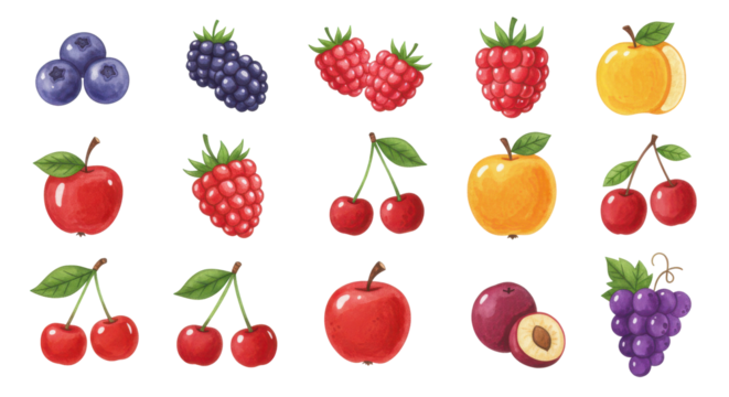 Assorted fruits in an artistic illustration of plums, grapes, cherries, apples and berries