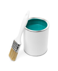 Can of turquoise paint and brush isolated on white