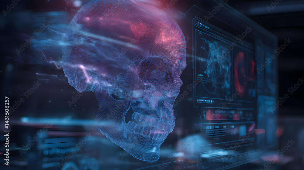 Poster digital skull: a futuristic digital skull is displayed, showcasing an eerie fusion of science and te