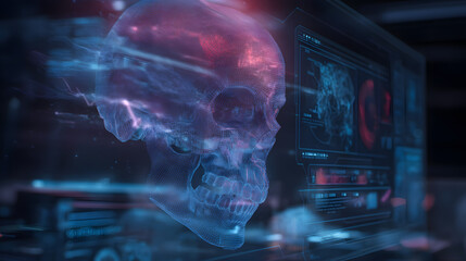 Digital Skull: A futuristic digital skull is displayed, showcasing an eerie fusion of science and technology. It is an intriguing and thought-provoking glimpse into the future.