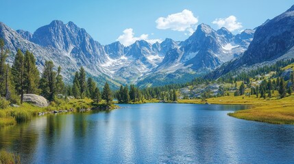 Fototapeta premium Majestic alpine lake nestled amidst towering peaks