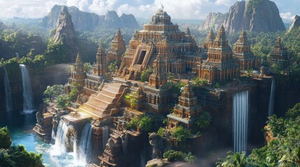 Fototapeta premium Majestic Temple City by Waterfall: A Digital Masterpiece