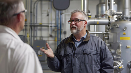 Obraz premium Two men in a factory setting having a conversation with industrial equipment in the background