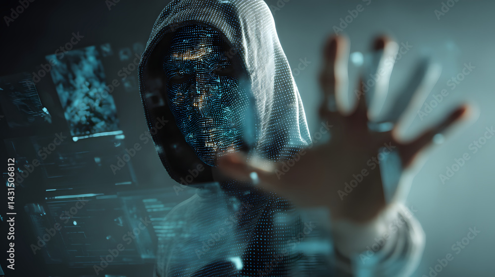 Poster digital identity threat: the enigmatic hacker shrouded in shadow, extending a reaching hand towards 
