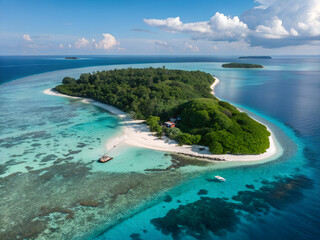 Fototapeta premium Stunning aerial perspective of a small tropical island with turquoise water.