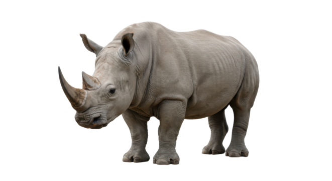 A majestic rhino stands solitary against the dark exuding power and ancient resilience