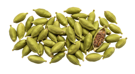 Close-up of a pile of fresh green cardamom pods, one pod displaying seeds, on dark background