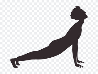 Silhouette of woman practicing upward-facing dog yoga pose on transparent background, perfect for wellness, fitness, meditation, and healthy lifestyle themed creative projects.
