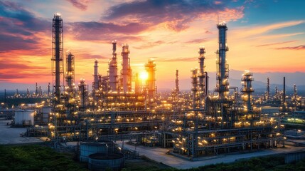 Obraz premium Back view of the logistics coordinator who inspects the bright oil refinery. 