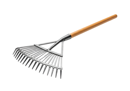 A metal garden rake with a wooden handle on a black background