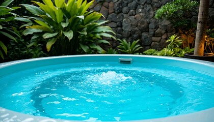 Fototapeta premium A bubbling hot tub, surrounded by lush greenery and a stone wall. The water is sparkling clear, and the bubbles are rising from the center, inviting relaxation and tranquility