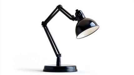 A black lamp with a white shade sits on a white background