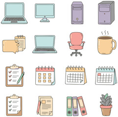 Collection of Adorable Office and Technology Icons Set Illustration