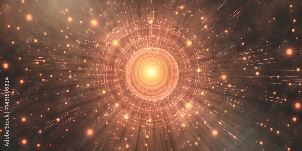 Poster abstract glowing tunnel with light beams and circular patterns in warm orange tones
