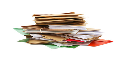 Stack of different paper envelopes on white background. Post office