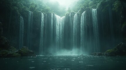 Majestic waterfall cascading down mossy cliffs. Lush, misty rainforest backdrop
