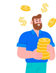 illustration of a smiling man with a beard holding a tall stack of gold coins, surrounded by floating dollar signs. Bright and cheerful design representing wealth, earnings, or success.
