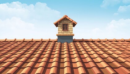 Naklejka premium Rooftop view of a house with terracotta tiles and a small brick chimney. The sky is partly cloudy.