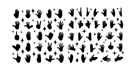 Many stylized, black silhouette hands in various poses; flat, solid black color; simple, clean lines;  graphic design aesthetic.