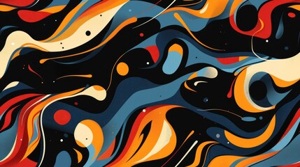 Naklejka premium Abstract, Retro-Futuristic Style, on a Black Background, with fluid shapes and lines suggesting motion and energy, a juxtaposition of past and future aesthetics