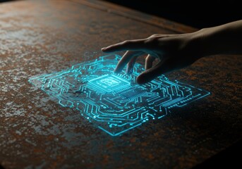 Hand Interacting with Blue Circuit Hologram on Rusty Surface