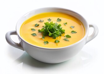 Creamy Yellow Soup in White Bowl with Fresh Herbs - Panoramic Stock Photo