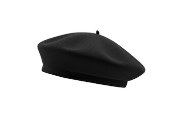 A sleek black beret rests against a stark void