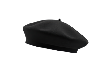 A sleek black beret rests against a stark void