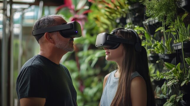 Virtual reality experience shared by a father and daughter in a garden setting.