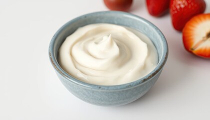 Creamy yogurt in a bowl with strawberries