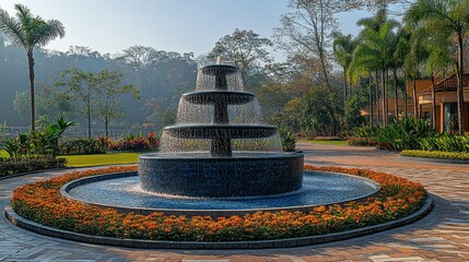 Majestic tiered fountain in landscaped park