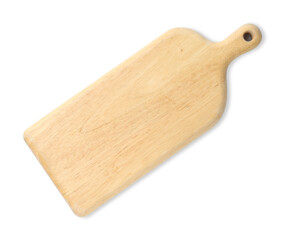 One wooden serving board isolated on white, top view. Space for text