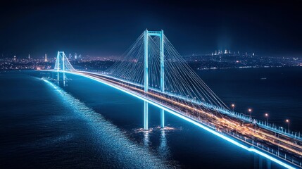 Obraz premium Illuminated Suspension Bridge at Night over Waterway
