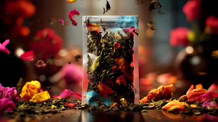 Floral Tea Blend in Pouch: A vibrant mix of green tea leaves and colorful flower petals spills from a transparent pouch, creating a visually stunning image evocative of exquisite flavor and aroma.