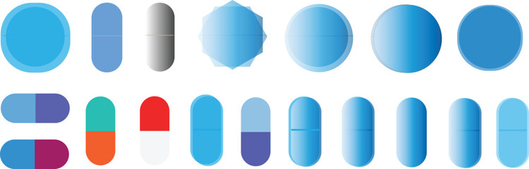 set of blue and white buttons on white pile of medical pills and blue pills on a background