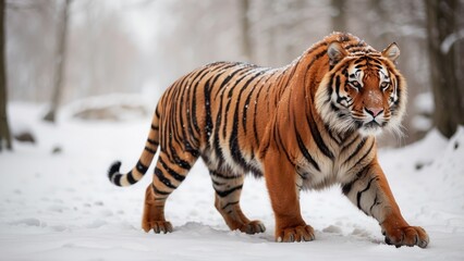 Obraz premium Siberian Tiger Walking in Snowy Wilderness – Majestic Winter Predator