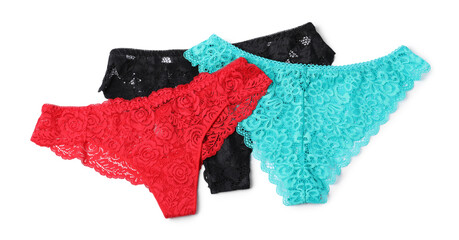 Beautiful lace panties isolated on white, top view