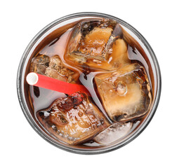 Refreshing cola with ice cubes and straw in glass isolated on white, top view